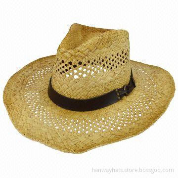 Leather Band Cowboy Hat, Handwoven Raffia Straw Cowboy Hat
